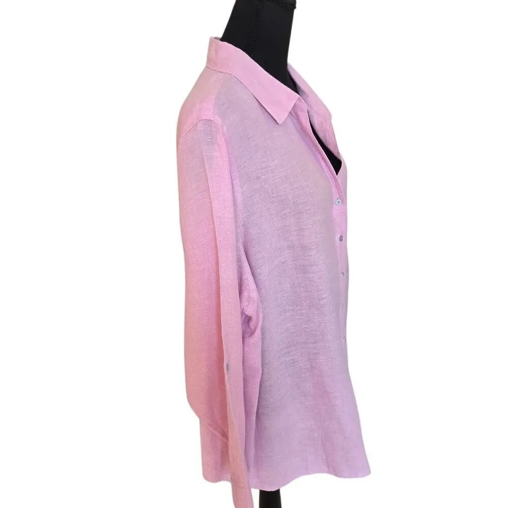 Sigrid Olsen Womens Collared Linen Long Sleeve Tunic Button Up Shirt Pink Sz 2X